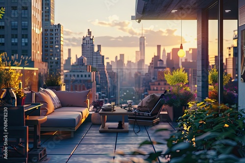 view of a rooftop with sofa chair with the view of city skyline buildings