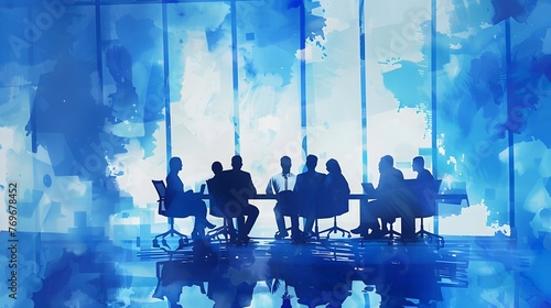 Collaborative Business Meeting in Captivating Watercolor-Style Silhouette Showcasing Teamwork and Productivity © Mickey
