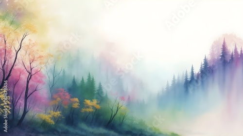 Foggy autumn landscape with colorful forest and mountains. Digital art painting
