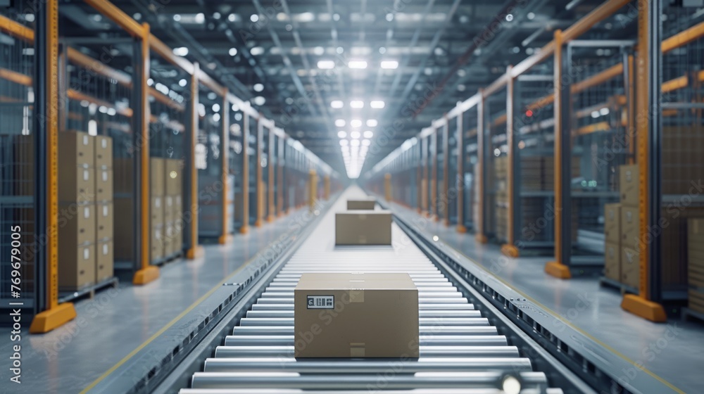 Automated warehouse with parcels on conveyor belts. Automated warehouse with parcels on conveyor belts.