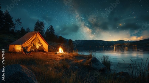 Camping under the Stars  A cozy campsite under a starry night sky  with a crackling campfire and silhouetted tents  conveying the joy of outdoor camping.