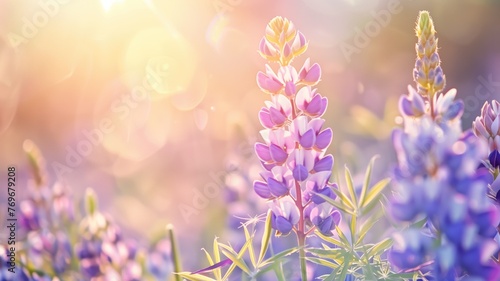 Close-up of purple lupine flowers bathed in warm sunlight with a bokeh background.