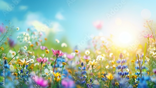 Vibrant wildflowers in a field against bright blue sky with sunlight flares and bokeh.