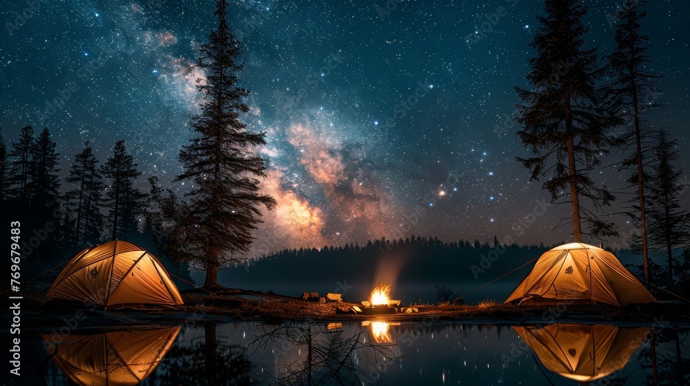 Camping under the Stars: A cozy campsite under a starry night sky, with ...