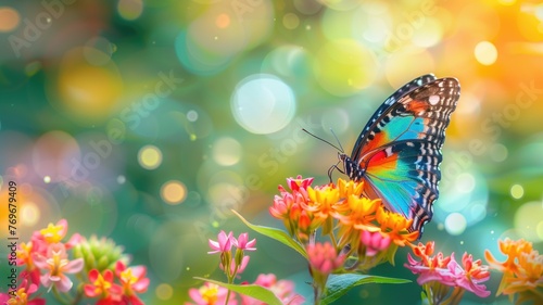A colorful butterfly perched on vibrant pink and yellow flowers against a bokeh light background.