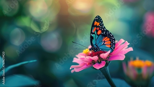 A vibrant monarch butterfly perched on a pink flower with soft, bokeh background.