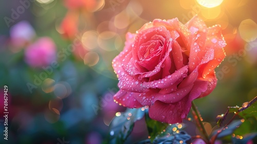 A dew-covered pink rose against a bokeh light background.