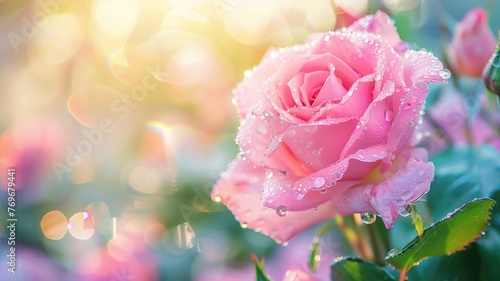 A dew-covered pink rose amidst a softly blurred floral background with sunlight filtering through. photo