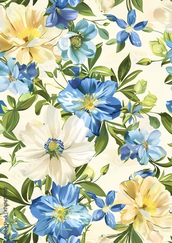 white and blue flower pattern with green leaves, classic background, , for invitation, greeting card background, wallpaper and wall art,