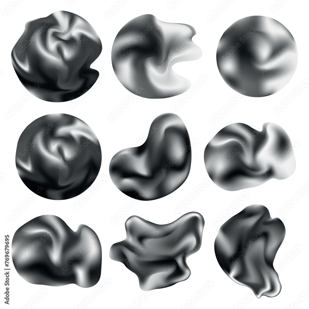 3D Chrome abstract liquid shapes collection for different design.Isolated volumetric futuristic forms.Different abstract metal objects set. Vector realistic rendering elements with liquid metal effect 3D Chrome abstract liquid shapes collection for different design.Isolated volumetric futuristic forms.Different abstract metal objects set. Vector realistic rendering elements with liquid metal effect