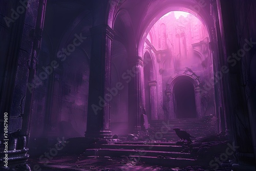 Mysterious Crypt Shrouded in Mist with Raven Overwatch Cinematic Noir Nightscape in Hyper-Detailed Realism