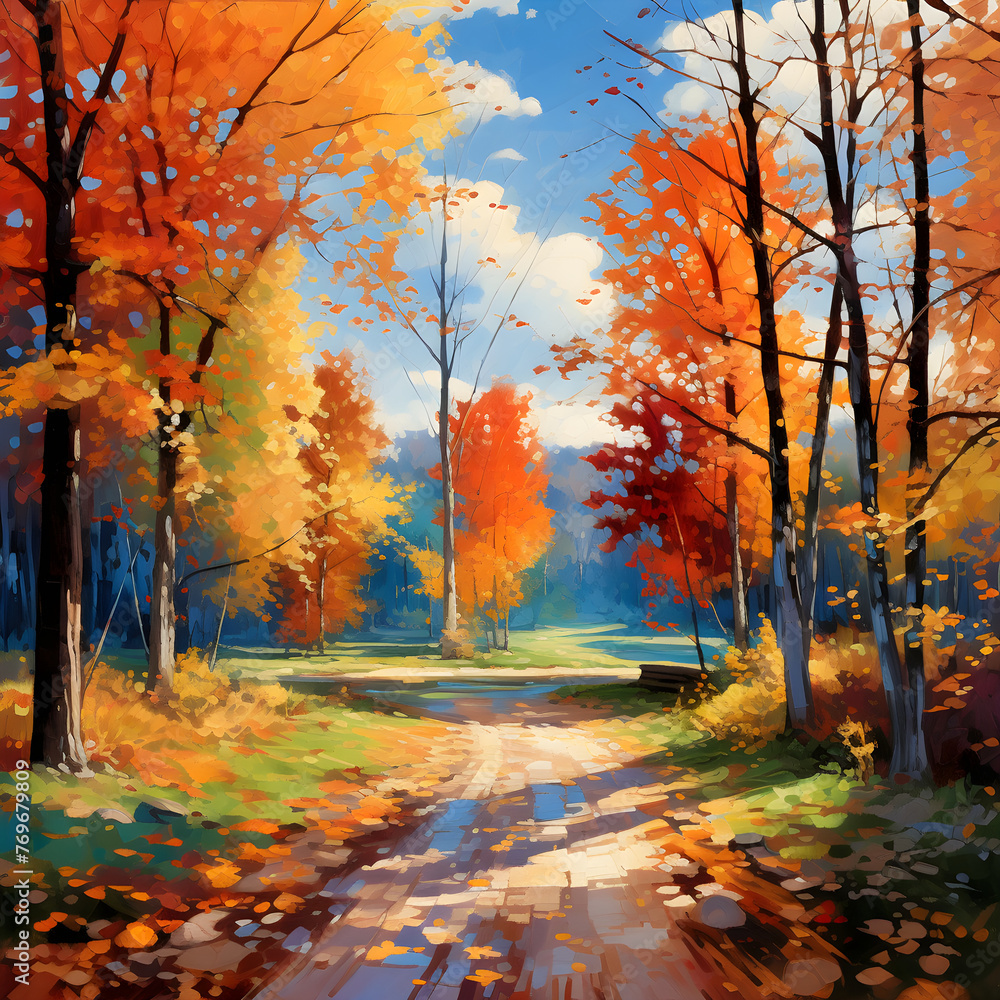 Inviting Pathway Amidst Vibrant Autumn Colors: Fall Season Landscape