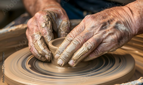 Craftsperson turning clay on pottery wheel creating vase