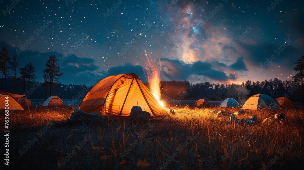 Camping under the Stars: A cozy campsite under a starry night sky, with ...
