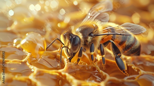 Picture of a honey bee Apis mellifera on a honeycomb ,World Bee Day. © Tong