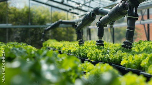 Robotic arms over a vibrant green lettuce bed in a high-tech greenhouse, symbolizing precision agriculture.