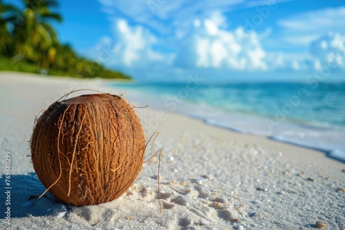 close up shot of a coconut on a sand with sea at beach with tropical palm trees