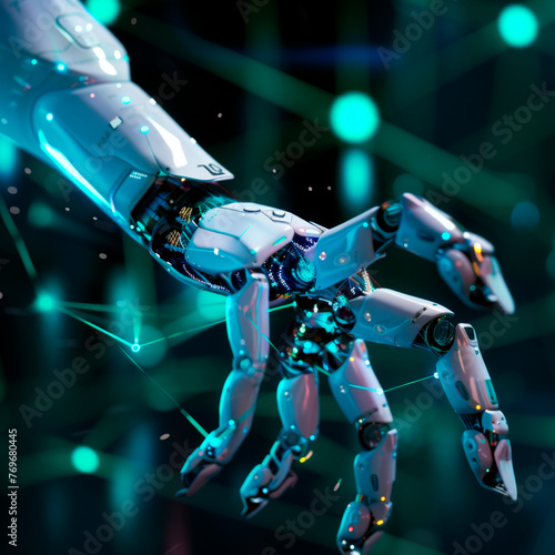 Futuristic robotic hand reaching out with blue glowing elements on a dark background. A detailed view of a futuristic robotic hand with glowing blue elements reaching out against a dark background. 