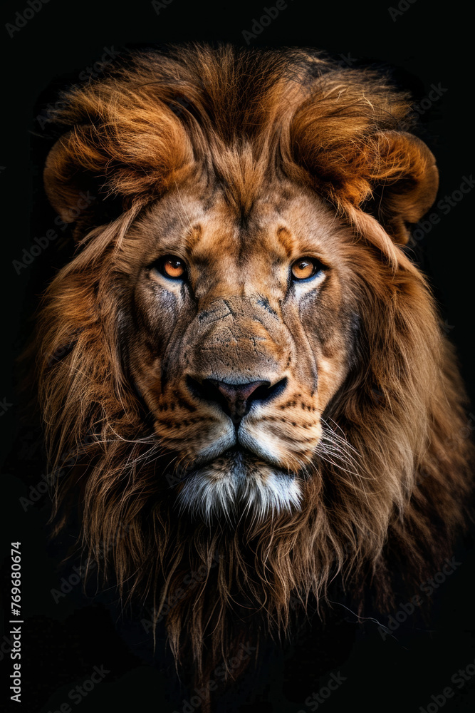 Portrait of a lion on a black background. Detailed face of a lion