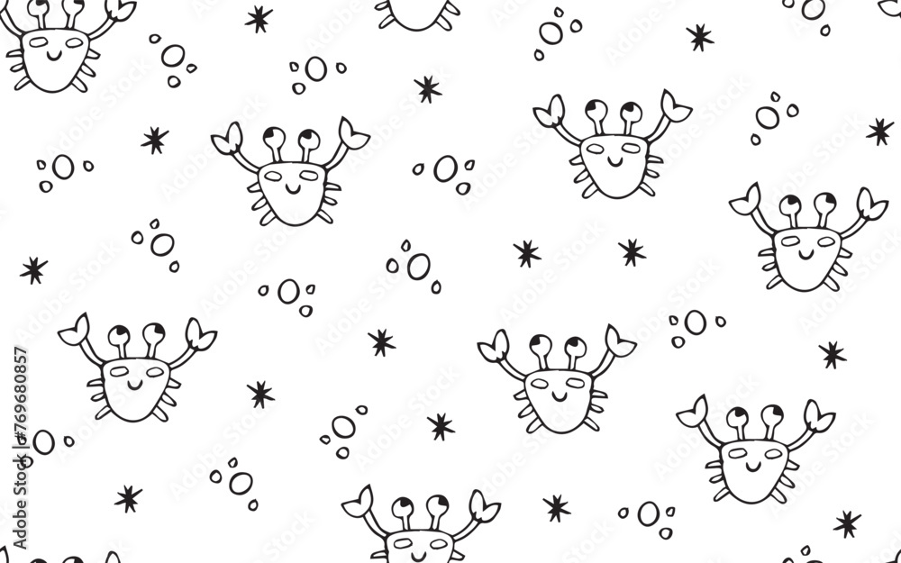 crab. doodle. a hand-drawn crab. the texture. the pattern. seamless pattern. a pattern for textiles. packaging, gift wrappers. vector. lines. boobles