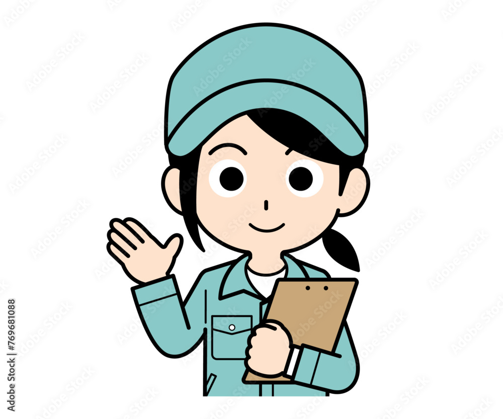 バインダーを持って案内する作業員の女性