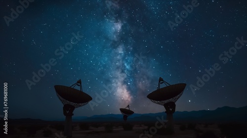 Radio telescopes against a backdrop of the Milky Way galaxy, highlighting exploration and technology.