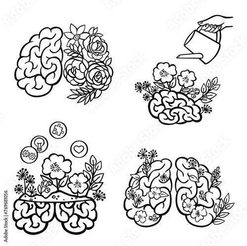 Outline mental health, mind care, brain blossom vector