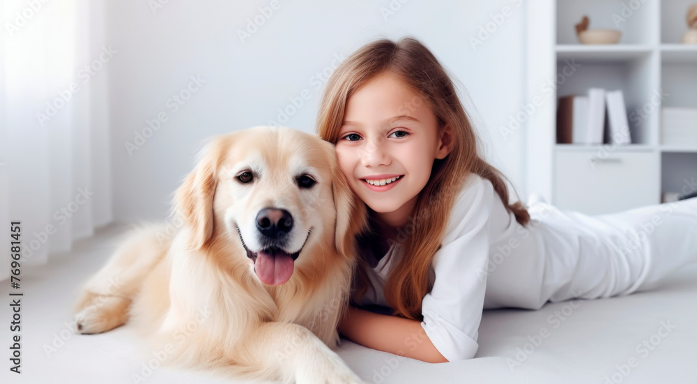 Girl with his puppy, retriever in white interior, soft light, high quality photo. Happy girl with his puppy, retriever in white interior, soft light, high quality photo. Girl with his puppy, retriever in white interior, soft light, high quality photo. Happy girl with his puppy, retriever in white interior, soft light, high quality photo.