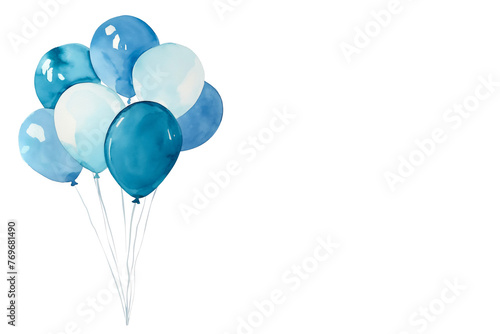 Blue watercolor balloons isolated on white background with copy space. Happy Birthday. Greeting card template