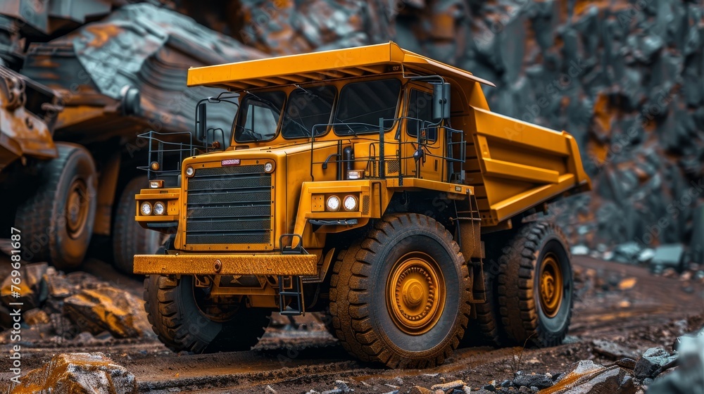Big yellow anthracite coal mining truck in open pit mine for industrial operations