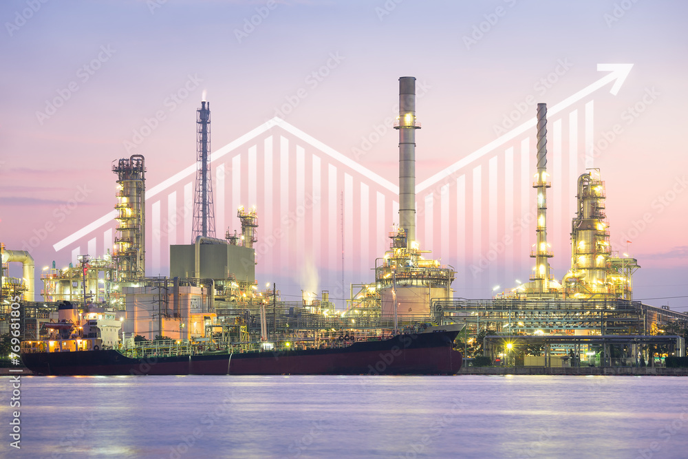 Oil gas refinery or petrochemical plant. Include arrow, graph or bar chart. Increase trend or growth of production, market price, demand, supply. Concept of business, industry, fuel, power energy.