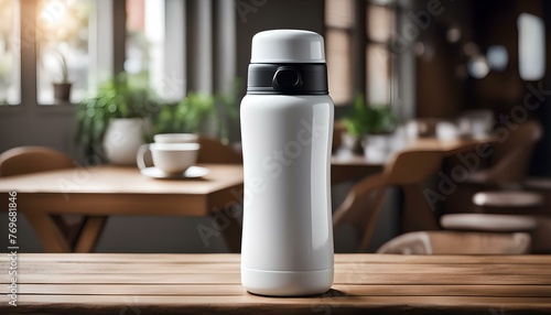 White thermos bottle at wooden table indoors

