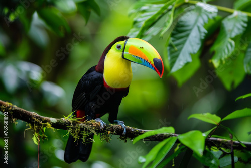 A toucan perched on a branch in the forest  surrounded by green vegetation  in Costa Rica. A nature travel scene in Central America