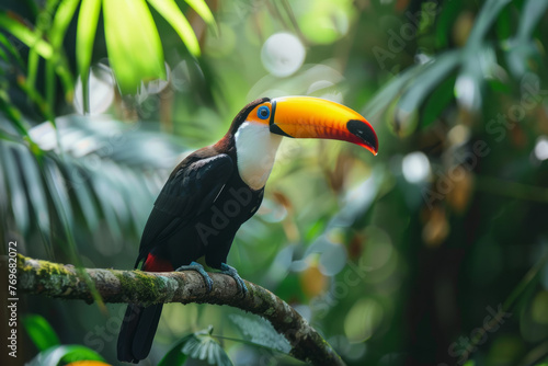 A toucan perched on a branch in the forest  surrounded by green vegetation  in Costa Rica. A nature travel scene in Central America