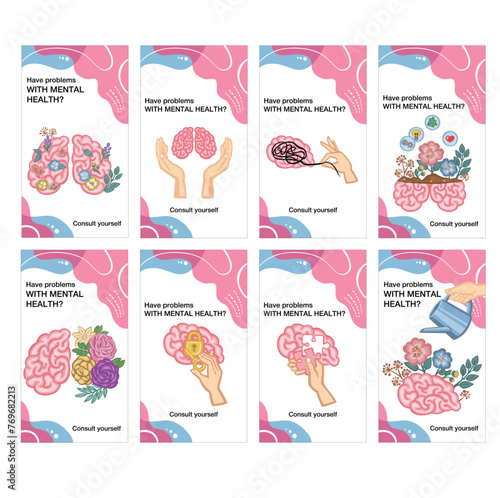 Set of banners mental health blooming brain vector