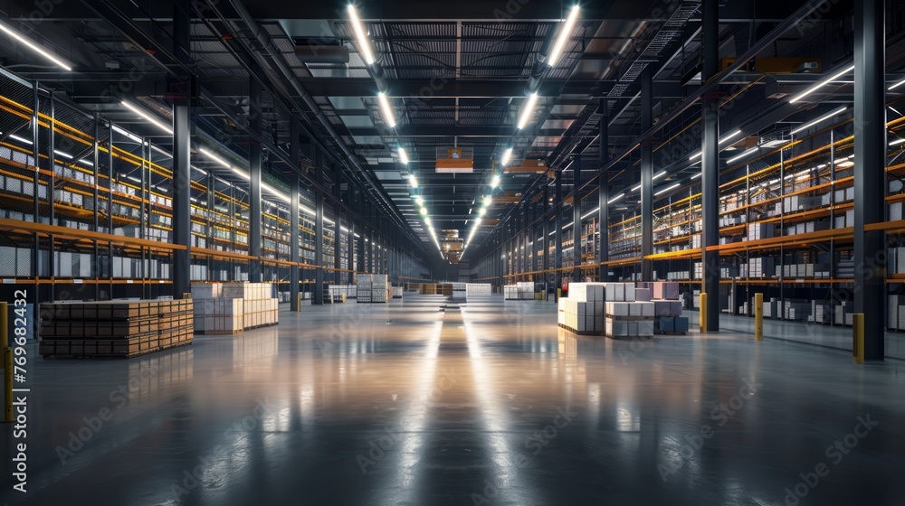 Expansive warehouse interior with storage racks and lights. Expansive warehouse interior with storage racks and lights.