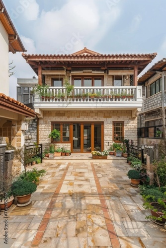 a beautiful old ancient big villa house entrance with beautiful flowers