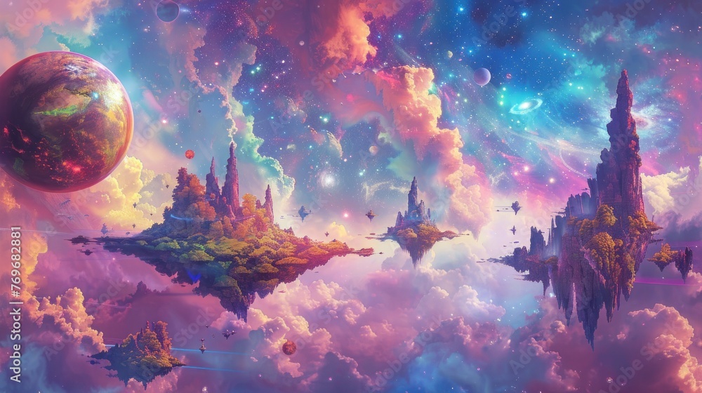 Fototapeta premium Outer space sky with light neon stars background. AI generated image