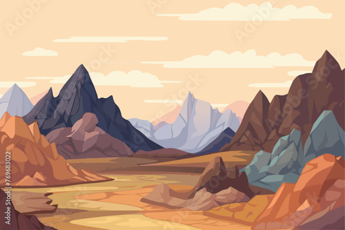 Background desert stone mountains and high rock formations in the flat cartoon design. The desert area is filled with rock formations and mountains. Vector illustration.