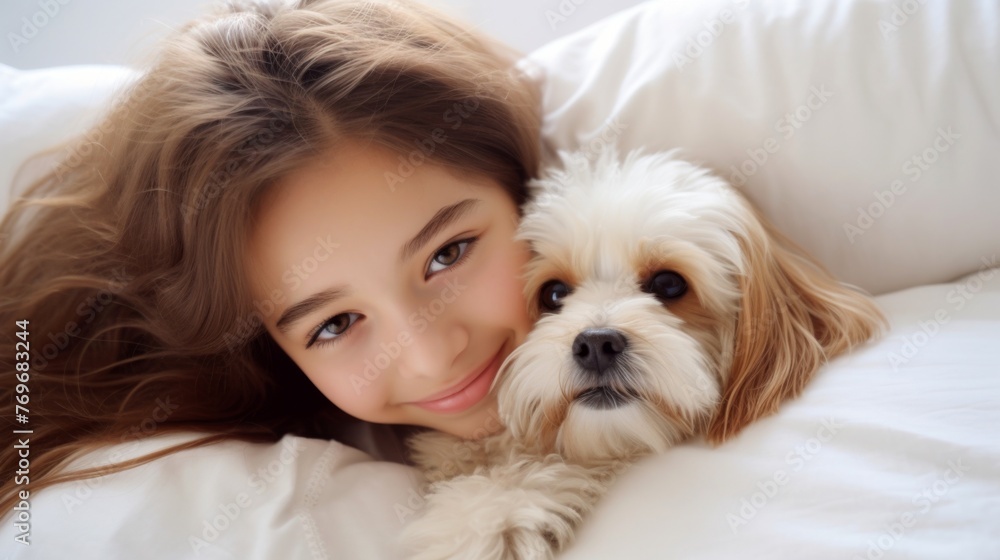 The unbreakable bond between a girl and her dog is captured in this sweet moment of pure love. Whether playing, snuggling, or simply enjoying each others company, their connection is special. The unbreakable bond between a girl and her dog is captured in this sweet moment of pure love. Whether playing, snuggling, or simply enjoying each others company, their connection is special.