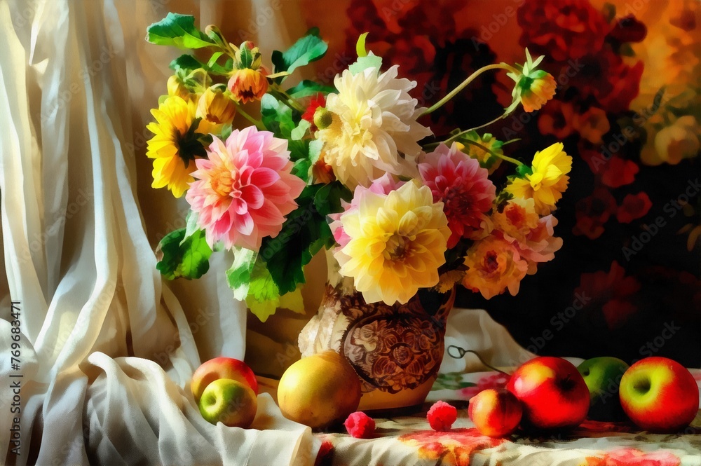 Still life image flowers in a vase and fruits, imitation oil painting. Still life image flowers in a vase and fruits, imitation oil painting.