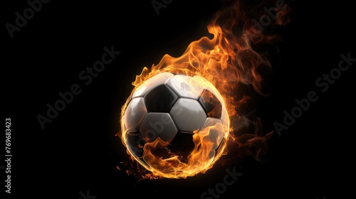 Soccer ball in fire flames isolated on black background.