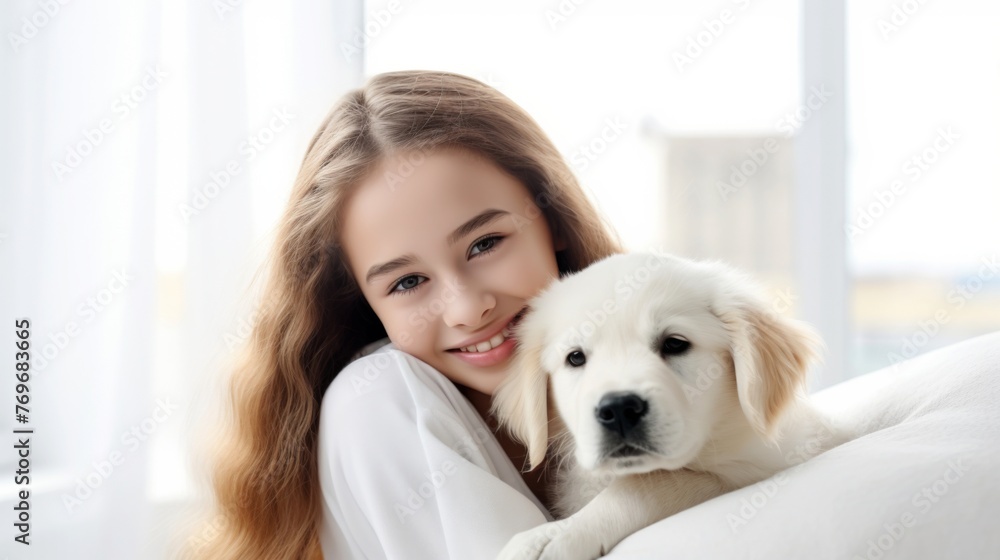 A young girl is smiling and hugging a cute puppy. The puppy is a golden retriever and has a look of contentment on its face. The girl is wearing a white t-shirt and has long hair. A young girl is smiling and hugging a cute puppy. The puppy is a golden retriever and has a look of contentment on its face. The girl is wearing a white t-shirt and has long hair.