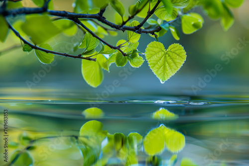 Fresh young leaves on a branch, touching the water surface and forming a heart symbol with their reflection