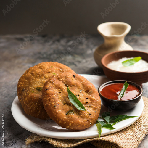 kachori is a flat spicy snack from india also spelled as kachauri and kachodi photo