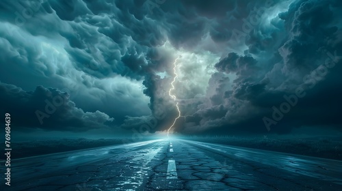 Intense and Dramatic Landscape of Stormy Weather with Lightning Striking an Asphalt Road Amidst Ominous Clouds