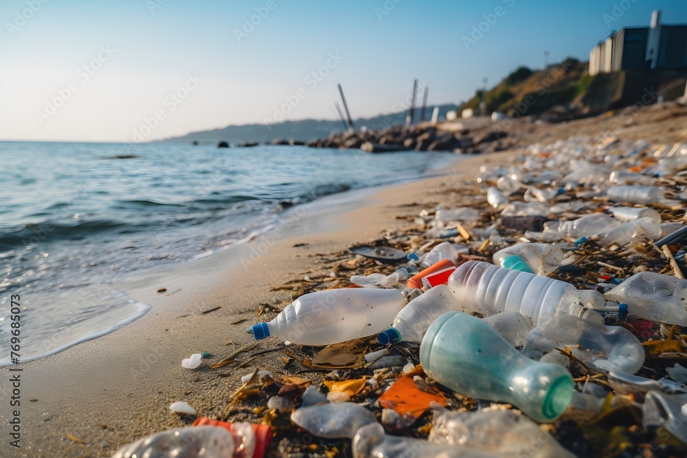 Beach covered with trash and plastic bottles and litter. Earth day. Cleaning the beach. Recycle. Micro ocean plastics