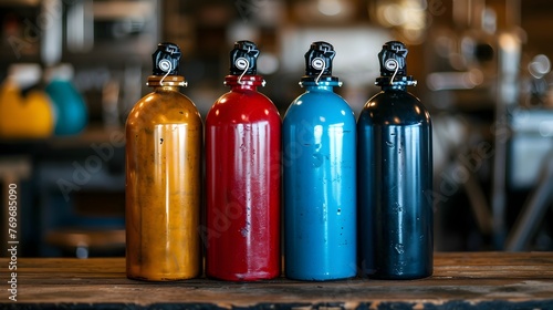 Oxygen cylinder with compressed gas. Colourful oxygen cylinders for industry. Plant