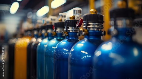 Oxygen cylinder with compressed gas. Blue Oxygen tanks for industry. Factory photo