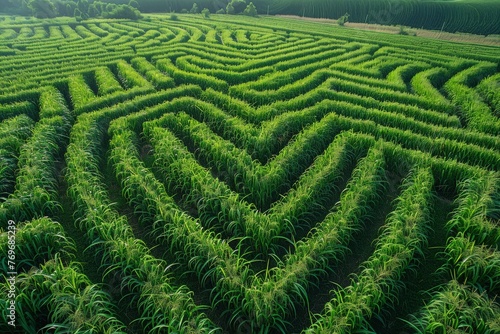 A mesmerizing aerial perspective of a intricate corn maze, showcasing the twisting pathways and towering corn stalks below